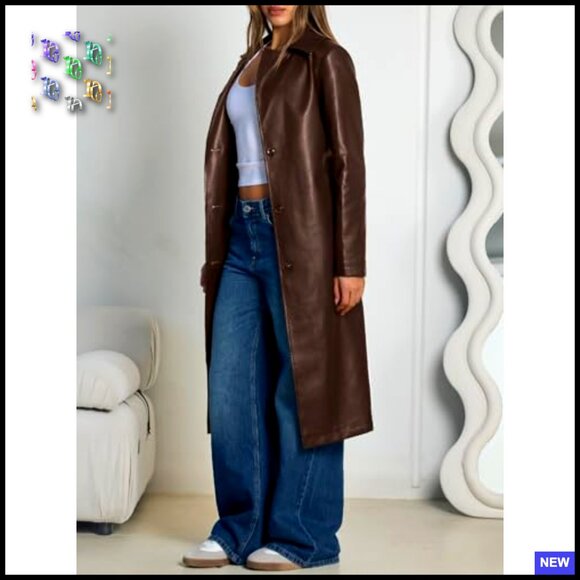 Faux Leather Trench Coat Long Lapel Open Front Belted Classic Elegant Chic - Picture 3 of 6
